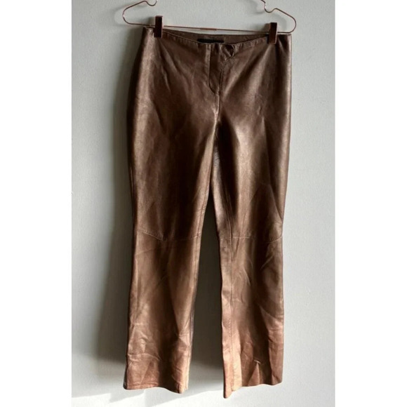 Express World Brand Womens Flat Front Leather Bootcut Pants Bronze Sz M - Picture 1 of 11